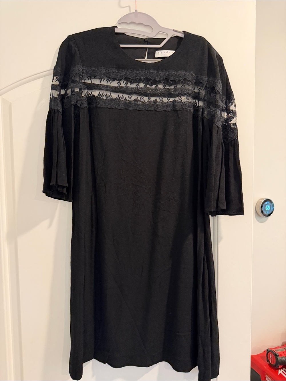 Sandro Black Lace-Trim Long Sleeve Dress